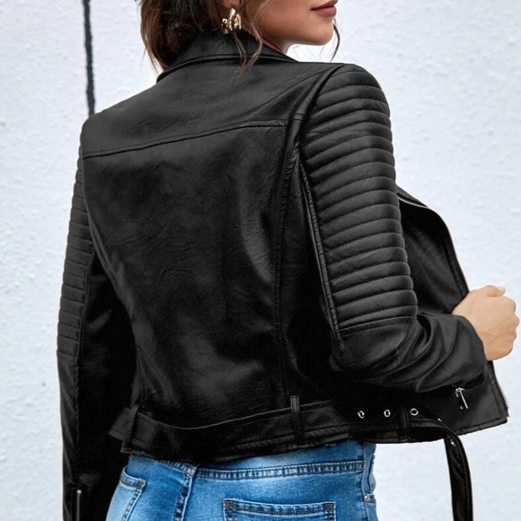 Black vegan leather zipper biker moto motorcycle jacket - Picture 2 of 4